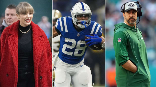 Separate photos of Taylor Swift, Jonathan Taylor and Aaron Rodgers